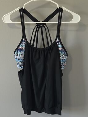 Black Geometric Strappy Blouson Double-up Tankini Top Aztec Women Swim